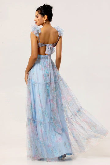 Pastel Blue Floral A-Line Tulle Maxi Dress with 3D Floral Shoulder Appliqu茅s